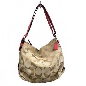 COACH Cream Beige Signature Canvas Hobo Crossbody Bag with Pink Details